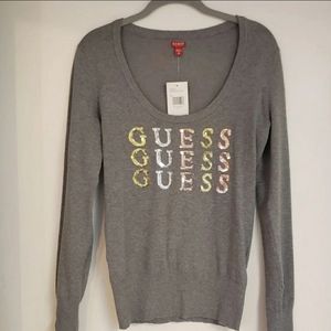 GUESS Gray, Milti Sequin Color Logo Top Medium